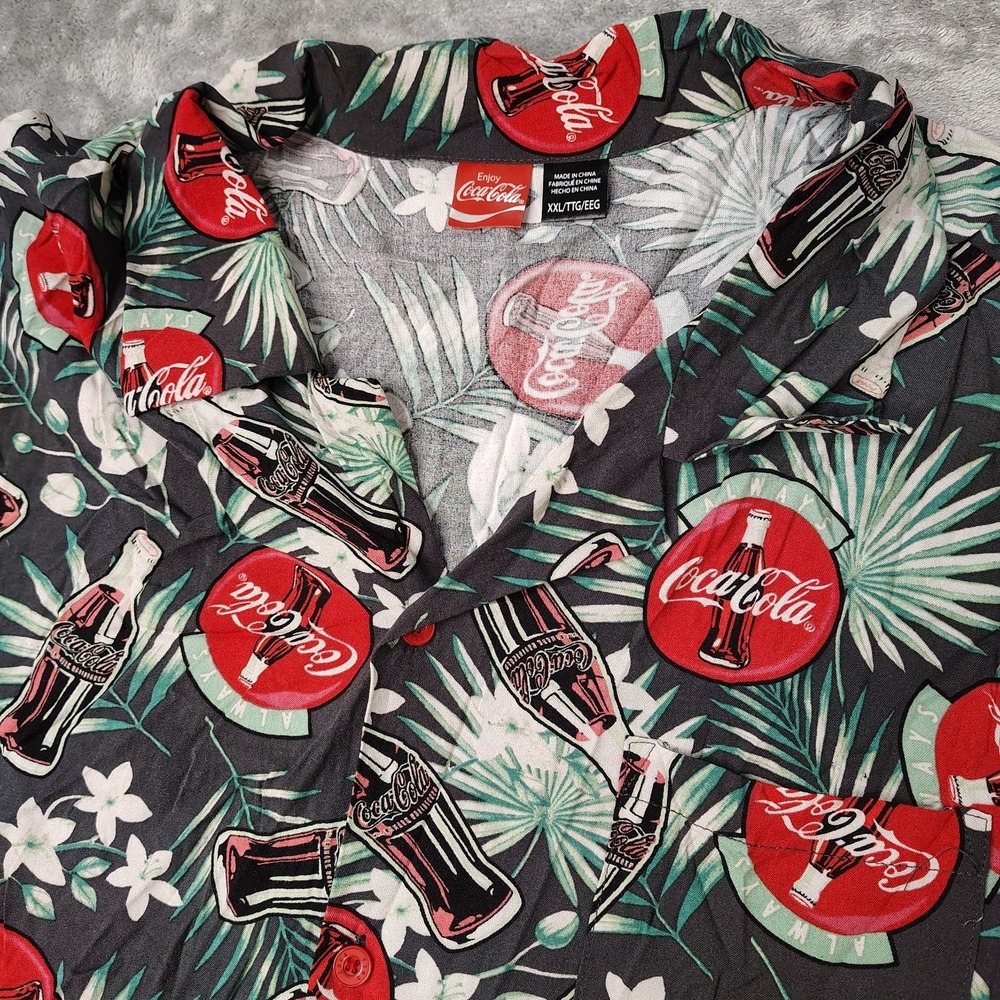 Coca-Cola‎ Hawaiian Shirt Mens 2XL Button Down Floral Camp Bowling Vintage 90s